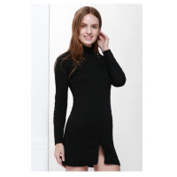 Solid Color Turtleneck Long Sleeve Slit Front Design Packet Buttock Dress For Women - Black